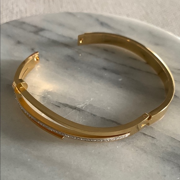 Gold Stainless Steel Nail Bangle Bracelet with Crystals - Picture 3 of 3